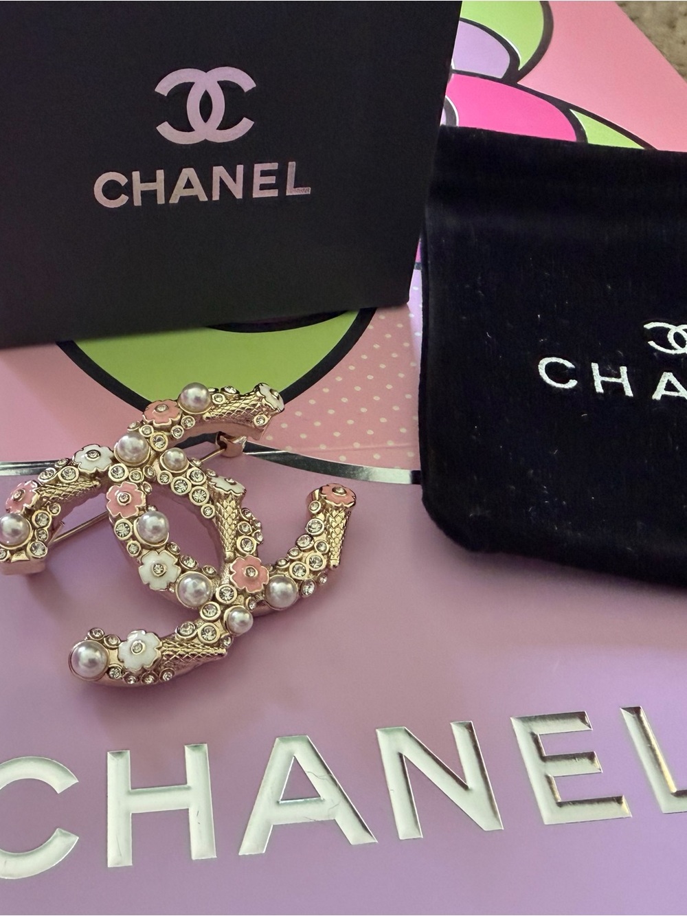 Chanel CC Logo Floral Pearl Rhinestone Brooch - Pink, White, Gold - Picture 2 of 9